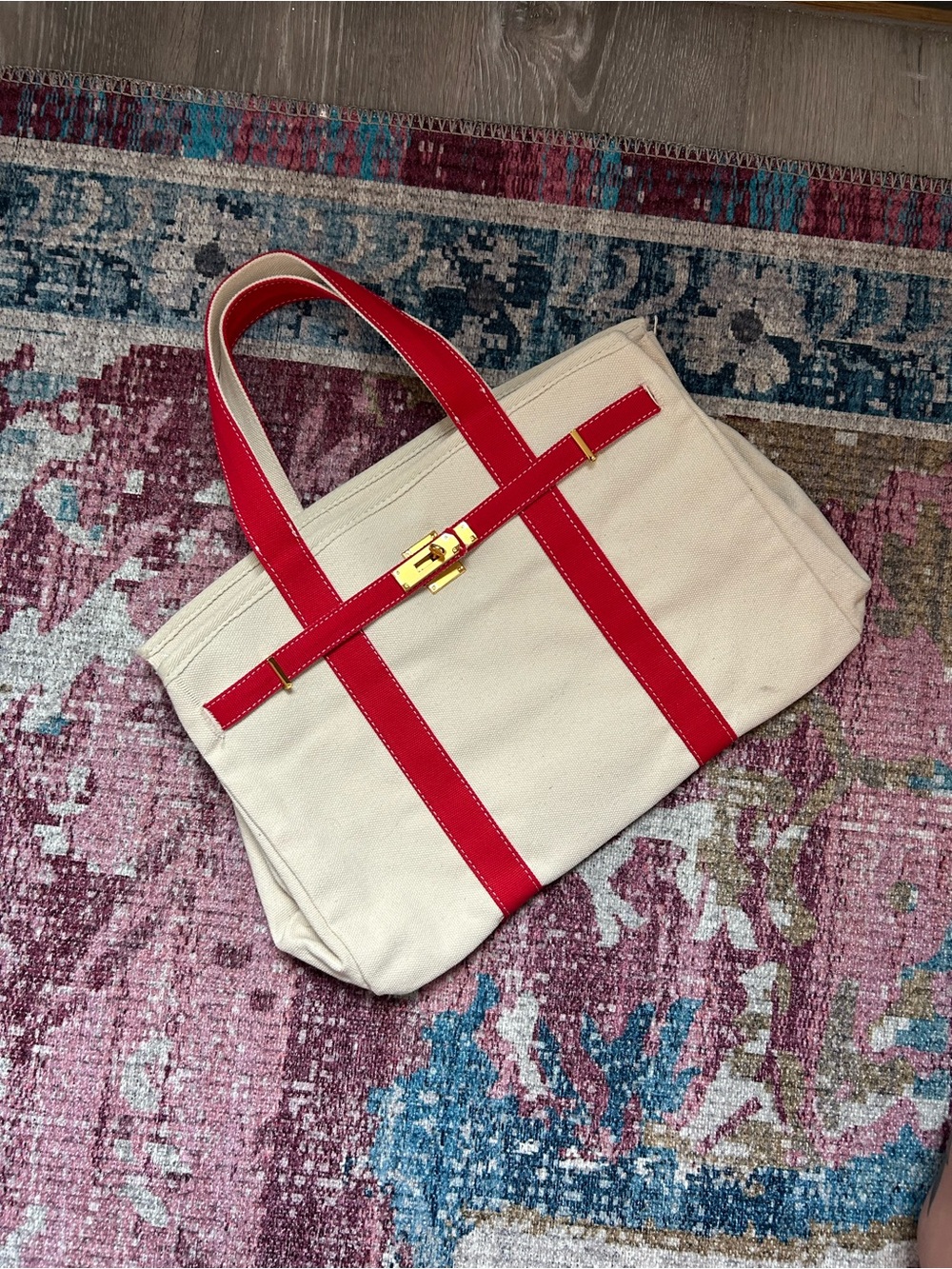 The Boatkin- Canvas Tote Handbag with Red Trim